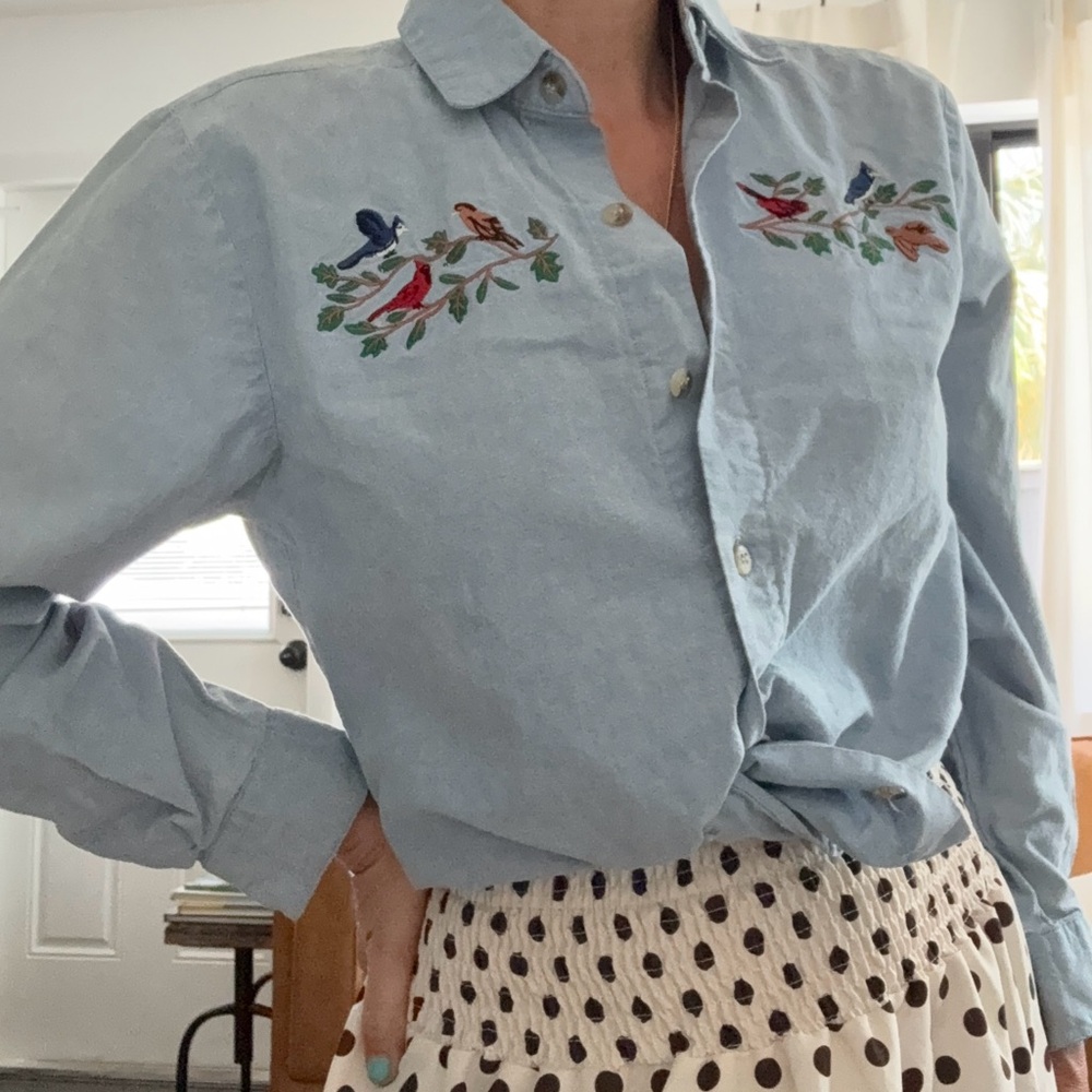 Vintage BonWorth Light Blue Birds Embroidered Denim Shirt - Birds Motif